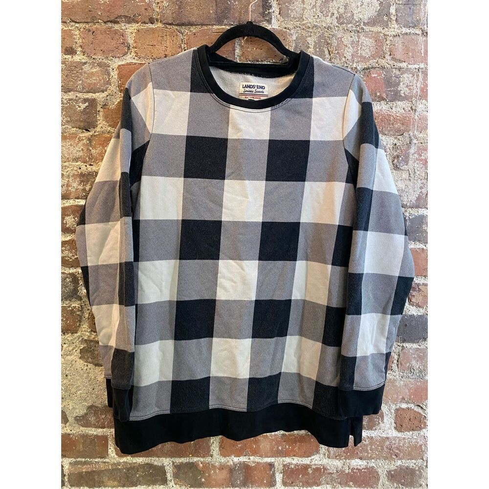 Lands’ End Serious Sweats Black/White Plaid Pullover Sweater Women’s Size M 10-1